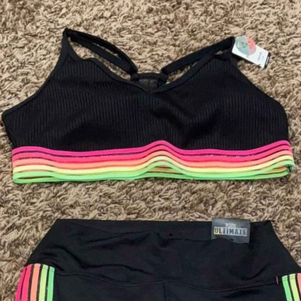 NWT VIctorias Secret Pink Black w/ Rainbow Gym to Swim Sports Bra